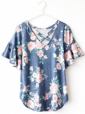7th Ray Floral Crisscross Ruffle Sleeve Top